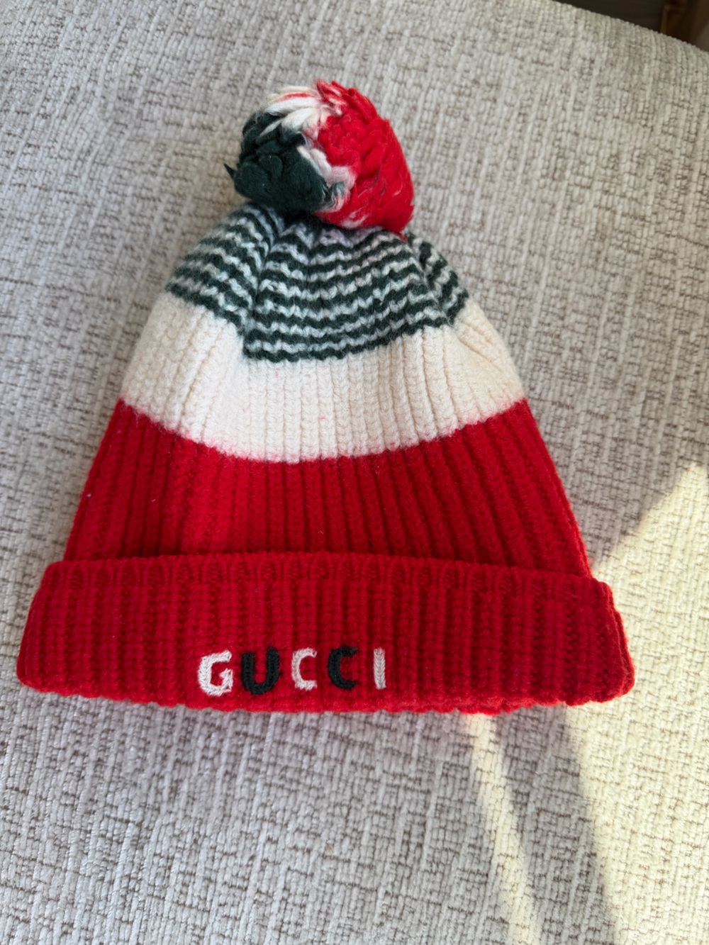 Gucci Kids Red, White & Green Knit Pom Beanie
